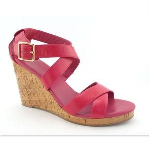 COLE HAAN Hot Pink Leather Cork Wedge Sandals 9